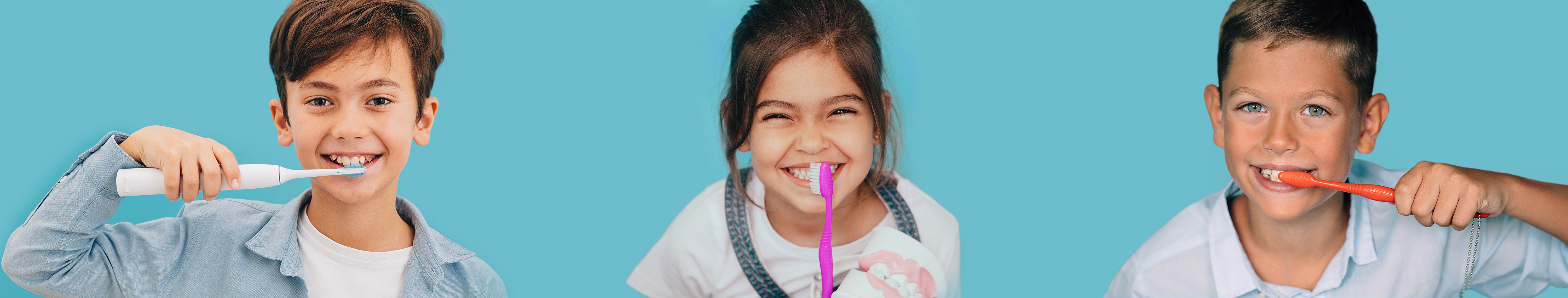 Multinational kids clean teeth with toothbrush on blue background. Cute children brushing teeth